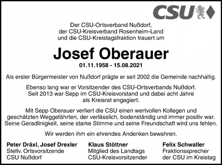 Die CSU Familie trauert um Josef Oberauer