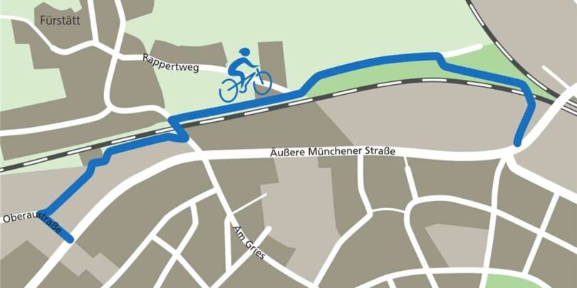 Stadtkarte mit Markierung des neuen Radwegs.