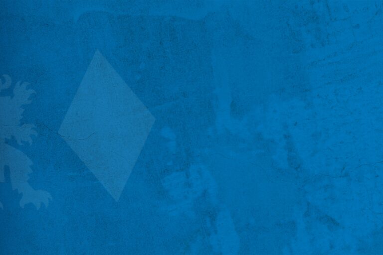 Eine mittelblaue fleckige Wand mit Rissen. Drauf als Wasserzeichen das Emblem der CSU, bestehend aus Löwen und Raute.