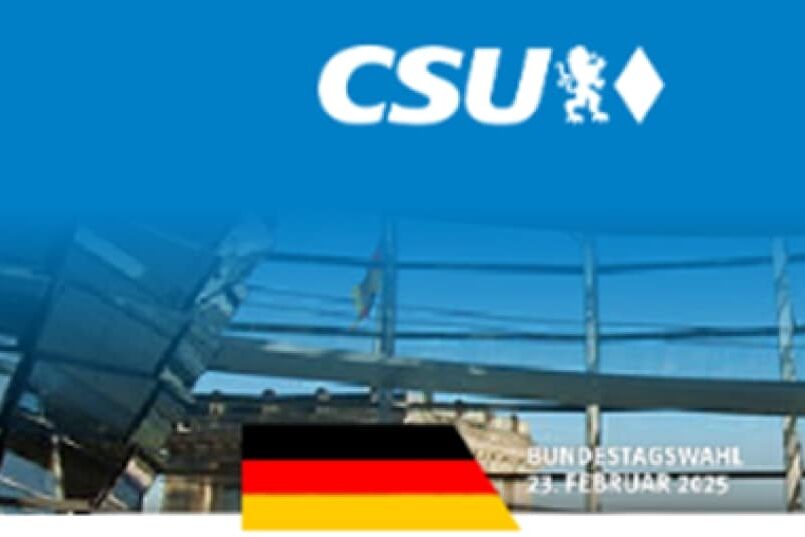 Collage der CSU zur Bundestagswahl am 23. Februar 2025. Im Hintergrund ist die Kuppel des Bundestags zu sehen.